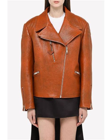 prada orange leather jacket with face|prada distressed leather jacket.